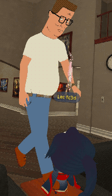 hank hill about to kick a tiny avatar across the room